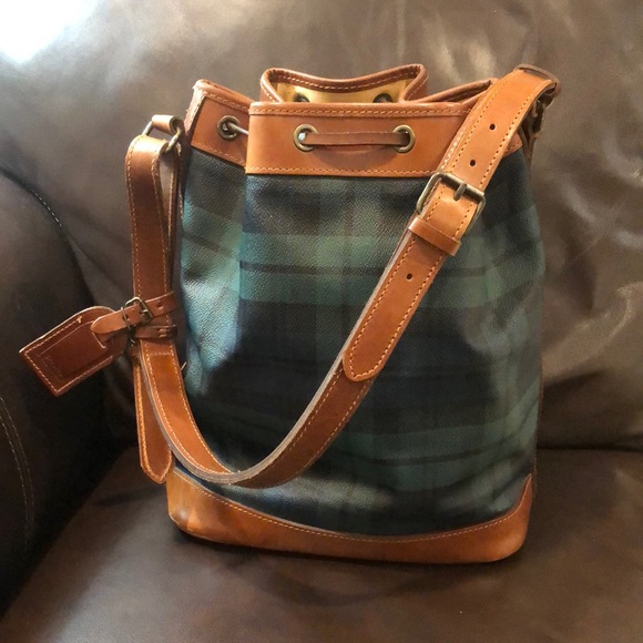 RALPH LAUREN Black Watch Plaid LRG Leather Canvas Drawstring Bucket Shoulder Bag - Picture 3 of 17